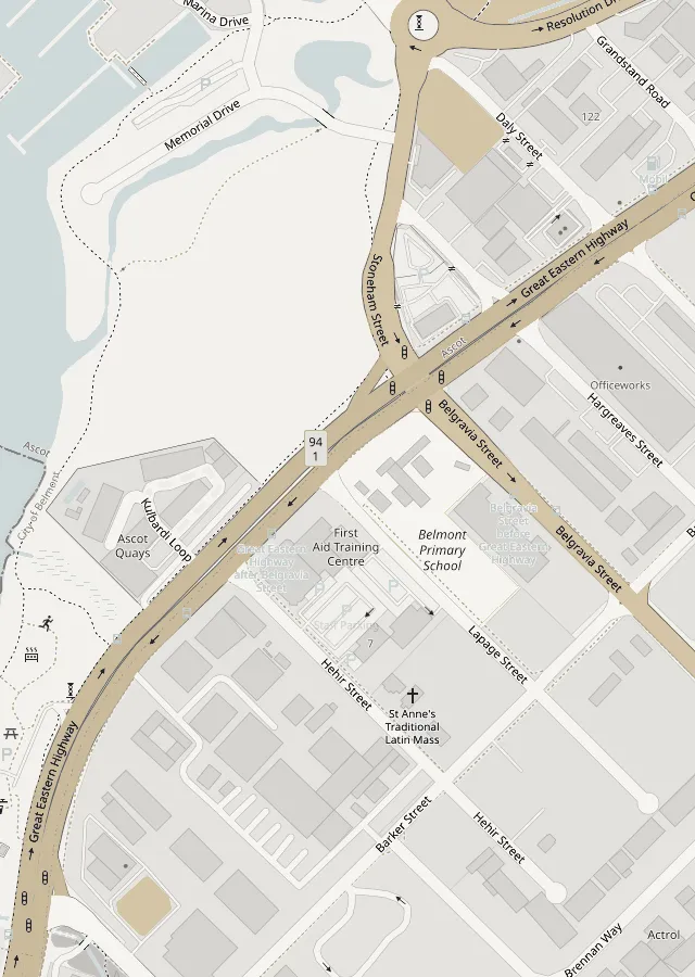 Street map: our showroom on 14 Hehir Street, Belmont, beside Great Eastern Highway and the Swan River